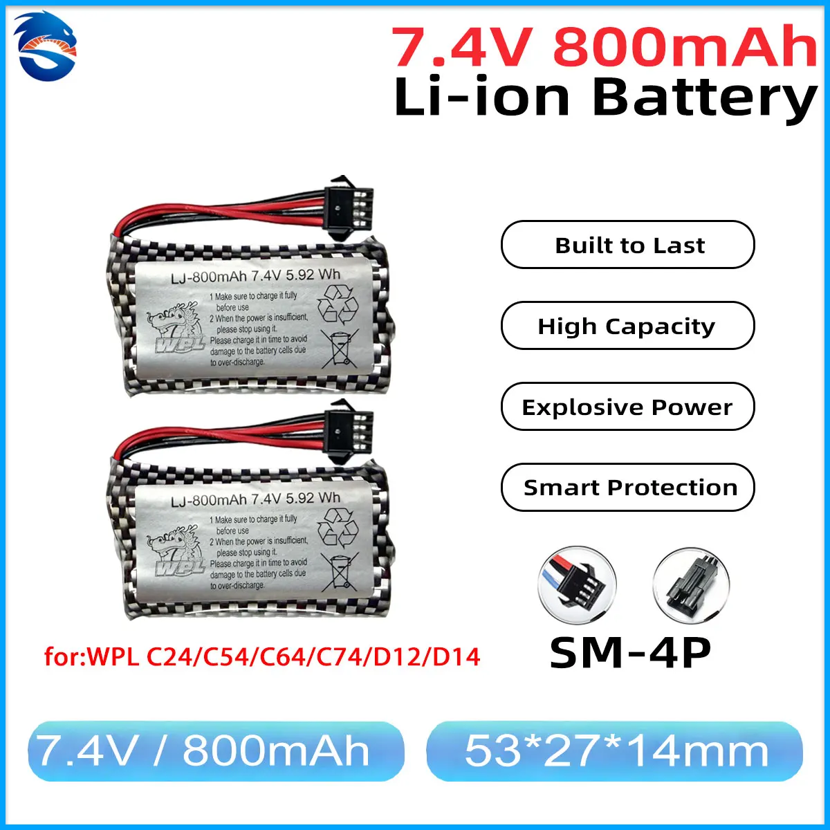 Batería de iones de litio Skymaker 2S, 7,4 V, 800mAh, 10C, WPL C24-1, batería Original para WPL D12 C24 B36 C34 C54 C64 C74, piezas de mejora para coche RC