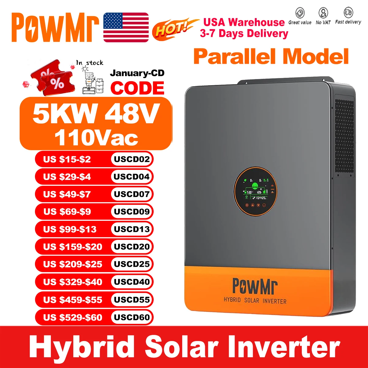 

Гибридный солнечный инвертор PowMr с разделенной фазой 5000 Вт, 48 В, выход переменного тока 120/208/240 В с контроллером MPPT 100 А, поддержка параллельного и включения сетки