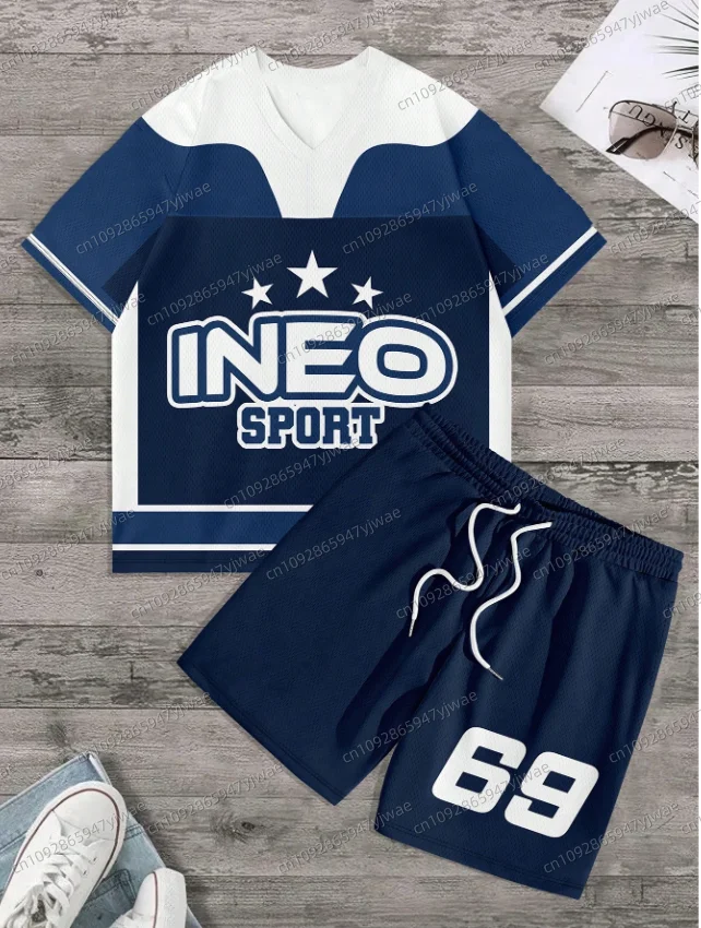 Ensemble T-Shirt et Short à manches courtes pour hommes et femmes, imprimé lettre NO.23, col en v dégradé, ensemble T-shirt et Short pour femmes