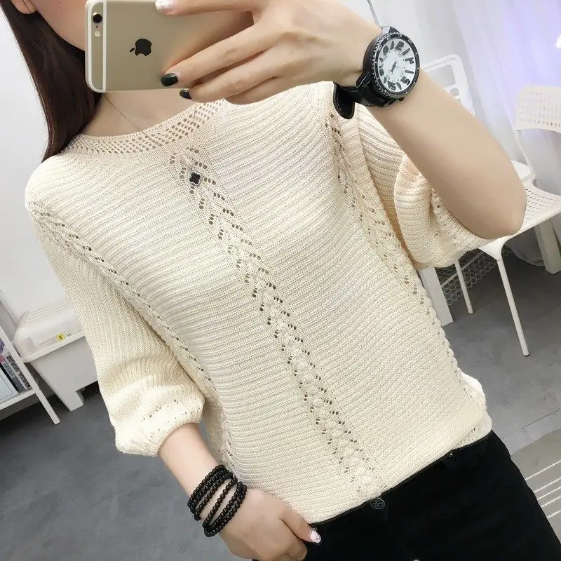 Autumn Winter Casual Fashion Solid Simple Hollow Out Sweater Women Half Sleeve Loose All-match Knitting Pullover Female Clothes