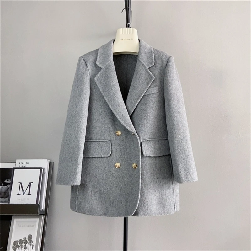 2024 Fall and Winter Pure Wool Double-faced Tweed Coat Lady Shoulder Padded Shoulders Suit Woolen Tencel Mid-length Jacket PT473