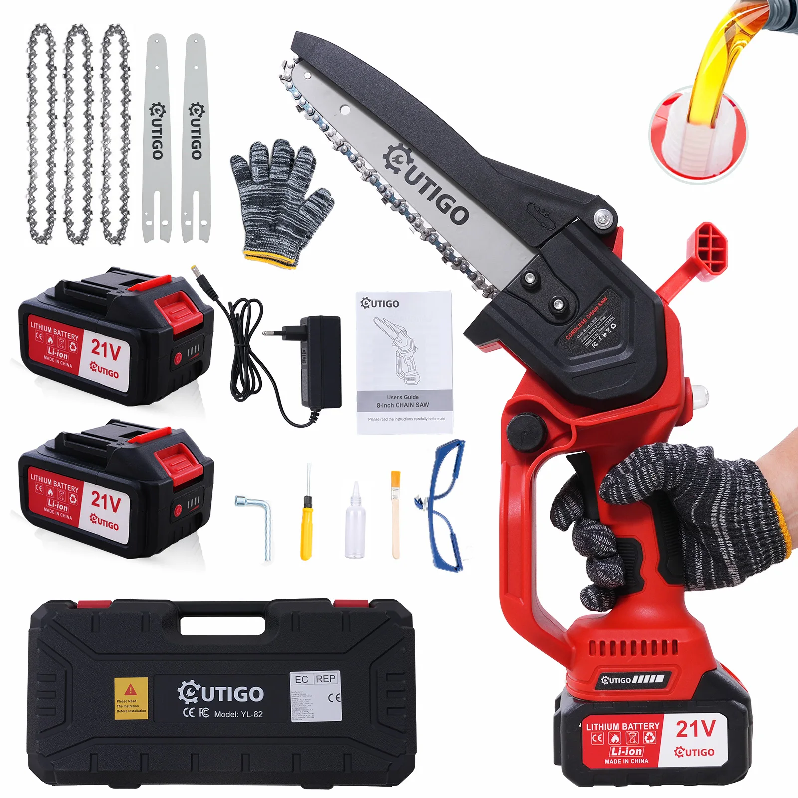 Tronçonneuse à batterie de 8 pouces, tronçonneuse sans fil OTIGO 1000w, piles 2*21V, outil de jardin puissant pour couper des Branches de bois