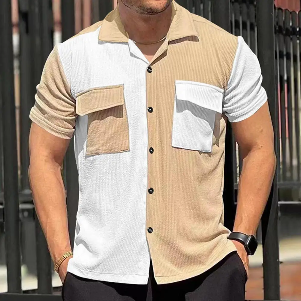 

Men Shirt Flap Pockets Color Block Men Vintage Shirts Turn-down Collar Short Sleeves Cardigan Vacation Beach Style Casual Shirts