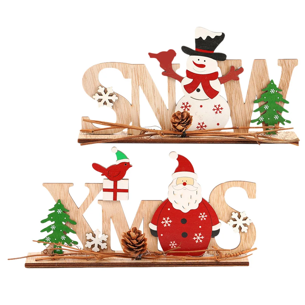 

2pcs Wooden English Letter Decor Christmas Theme Natural Wood Craft Home Party Decoration Festive Ornament Wooden Crafts