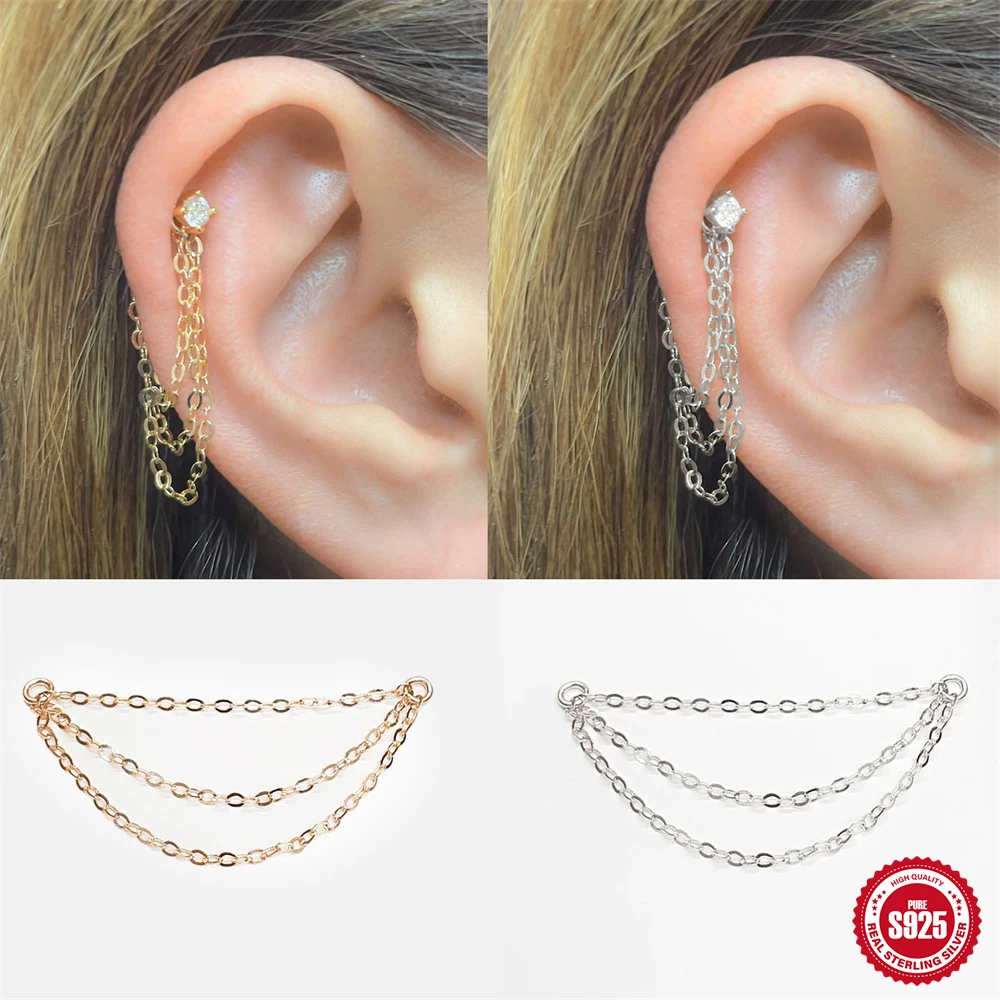 

BOAKO 925 Sterling Silver 1 Piece Multiple Basic Lip Chains/O-chain Tassel Chain Puncture Earring Accessories Fine Jewelry