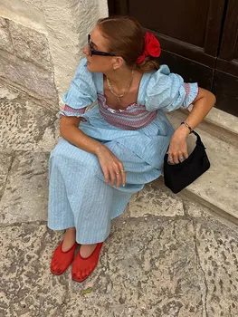 Ensemble de Chemises à Manches Courtes Bouffantes et Col Carré pour Femme, Tenue de Vacances Décontractée à Rayures et Jambes Larges, Mignonne, 2025