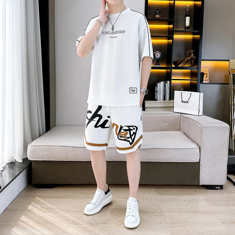 2024 Summer Men Sets Fashion Casual Short sleeves T-shirt Tracksuit 2 Piece Running Sweatshirts + Sports Shorts Set