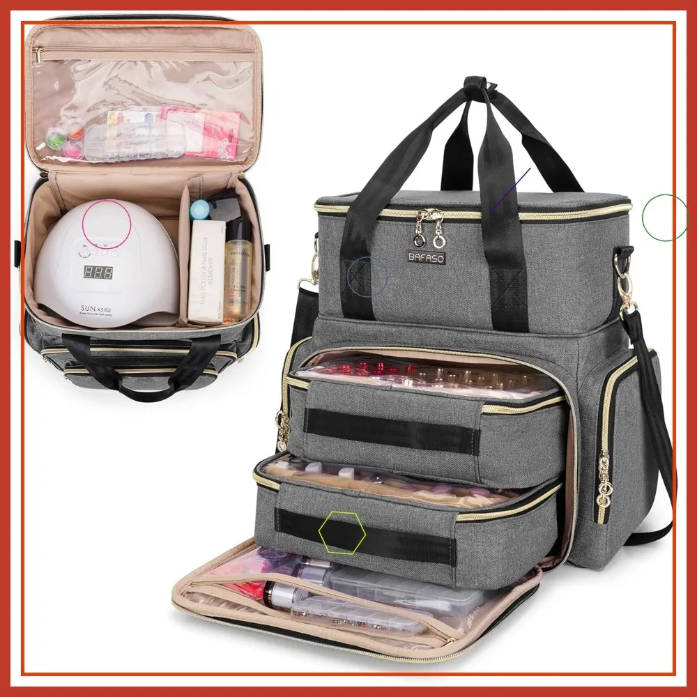 

Double Layer Nail Polish Organizer Holds 70 Bottles with Nail Dryer, 2 Removable Pouches & Tools Storage Sections, Gray