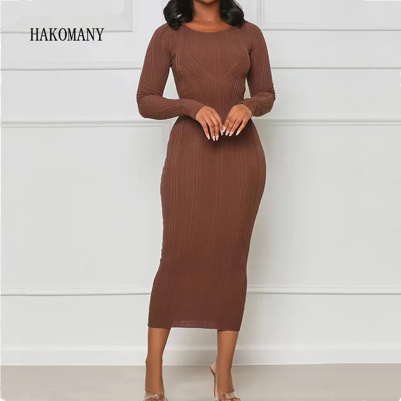 

Women Full Sleeve Stretch Basic Bodycon Midi Long Robe Vestido 4 colors Sexy O neck Ribbed Knitting Package Hips Sweater Dress