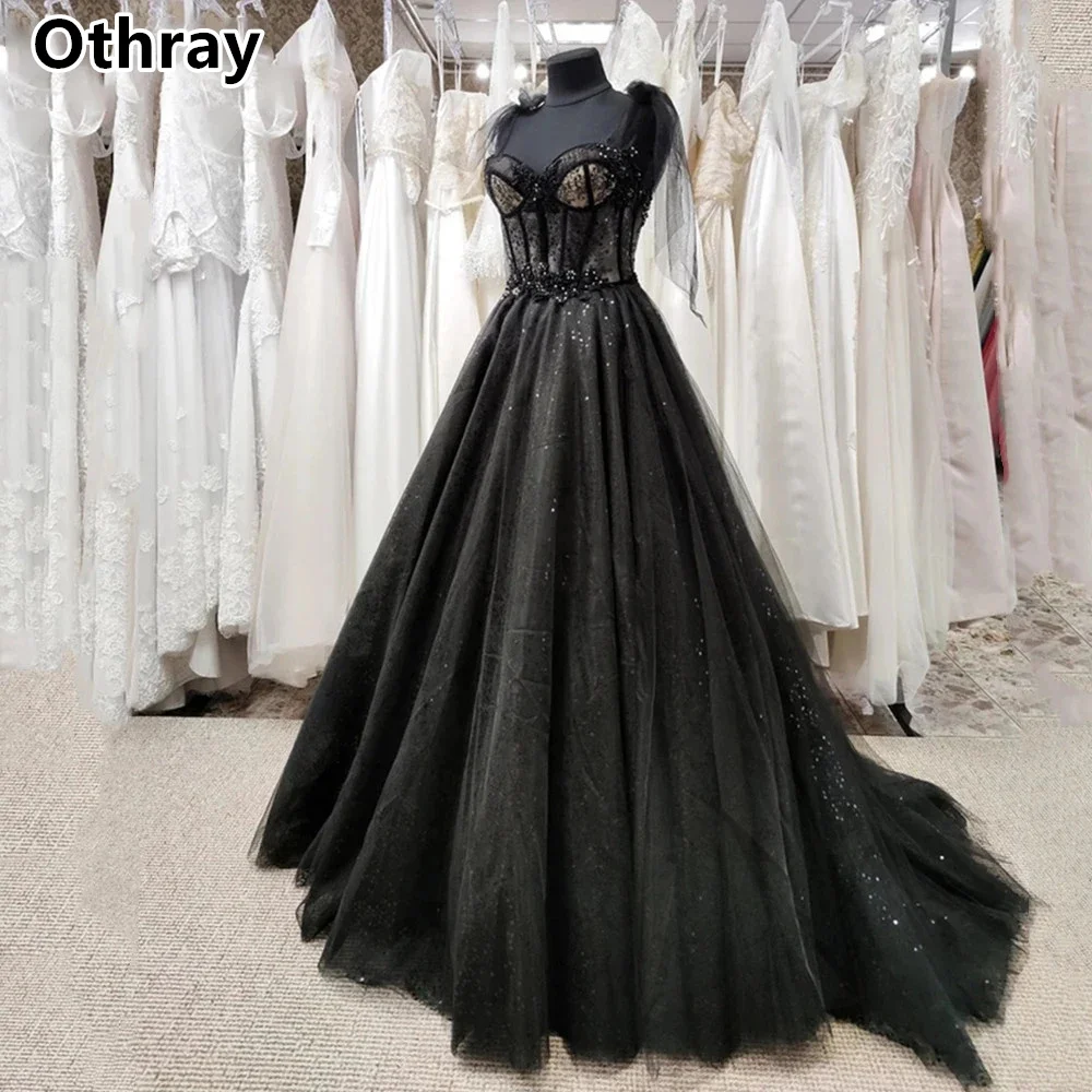 

Othray Glitter Black Prom Dresses Lace Applique Beaded A Line Gothic Wedding Gowns Straps Lacing Up Back Vestidos De Fiesta 2025