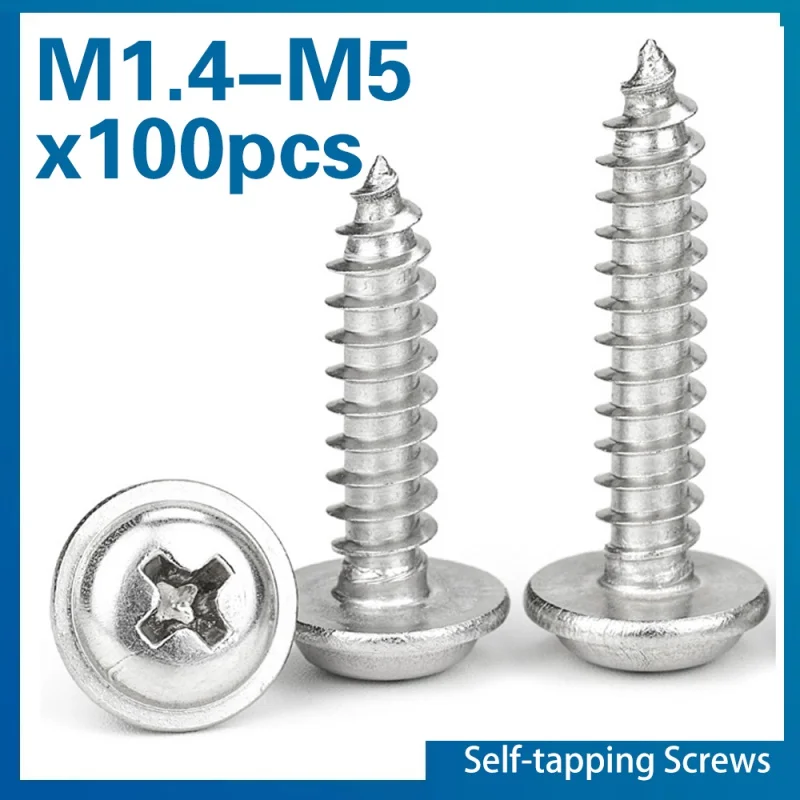 

100pcs/lot M1.4 M1.7 M2.6 M3 M3.5 M4 M5 A2-70 Stainless Steel PWA Phillips Pan Round Head With Washer Self-tapping Screw