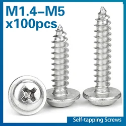 100pcs/lot M1.4 M1.7 M2.6 M3 M3.5 M4 M5 A2-70 Stainless Steel PWA Phillips Pan Round Head With Washer Self-tapping Screw