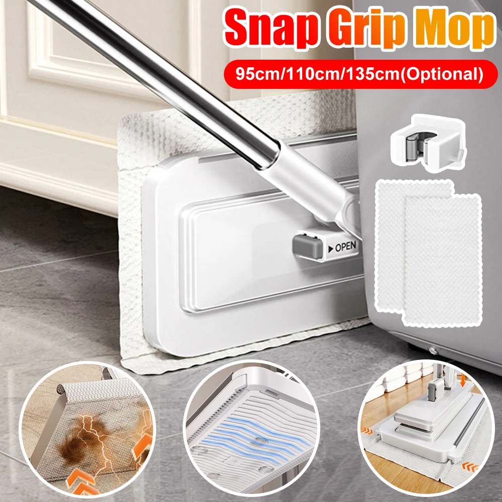 135cm Zero-Touch Snap Grip Mopp mit Verriegelungskopf & Wischtüchern Einweg-Mopps für Tür Wand Fenster Badezimmer Toilette Ecken