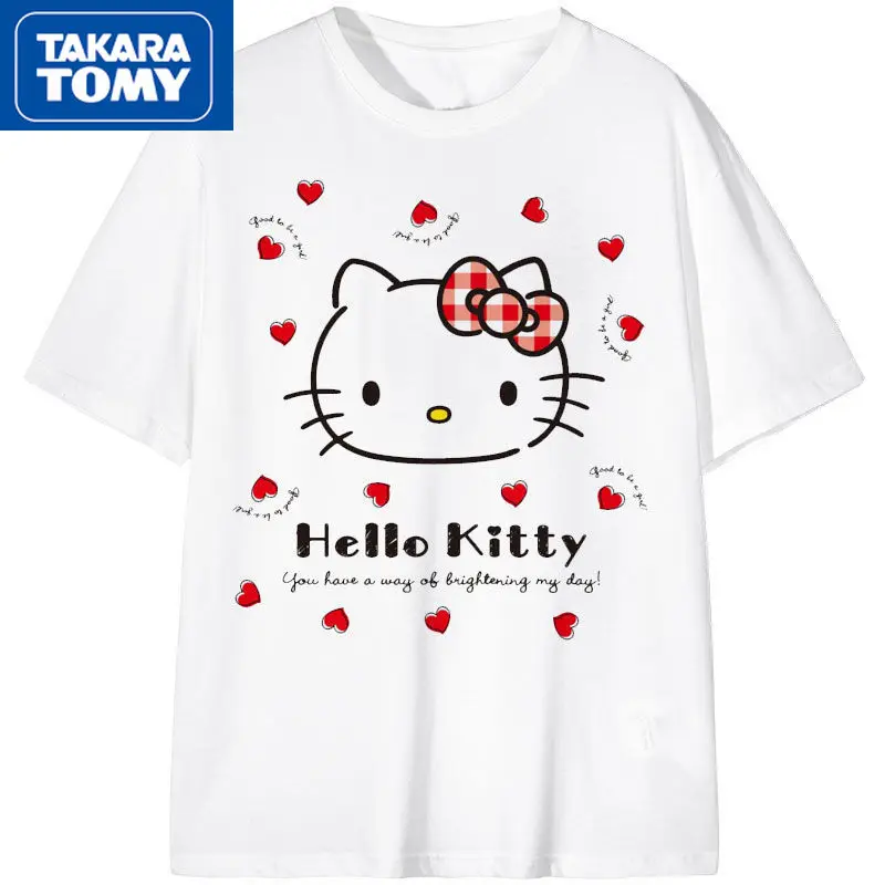 

TAKARA TOMY Hello Kitty Student Summer Dress New Over Sized Cotton Knitted Short-sleeved Breathable White Knitted Couple T-shirt