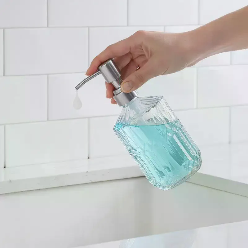Glass Hand Soap Dispenser With Diamond Textured And Rustproof Pump For Bathroom Kitchen Countertop