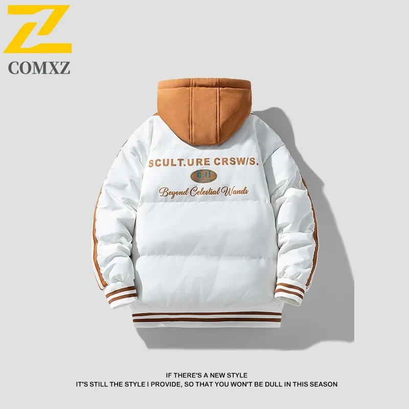 COMXZ 2025 남성용 겨울 후드 두꺼운 컬러 블록 패딩 재킷 미국 스타일 숏 캐주얼 아웃도어 스포츠 방수 방풍 코트
