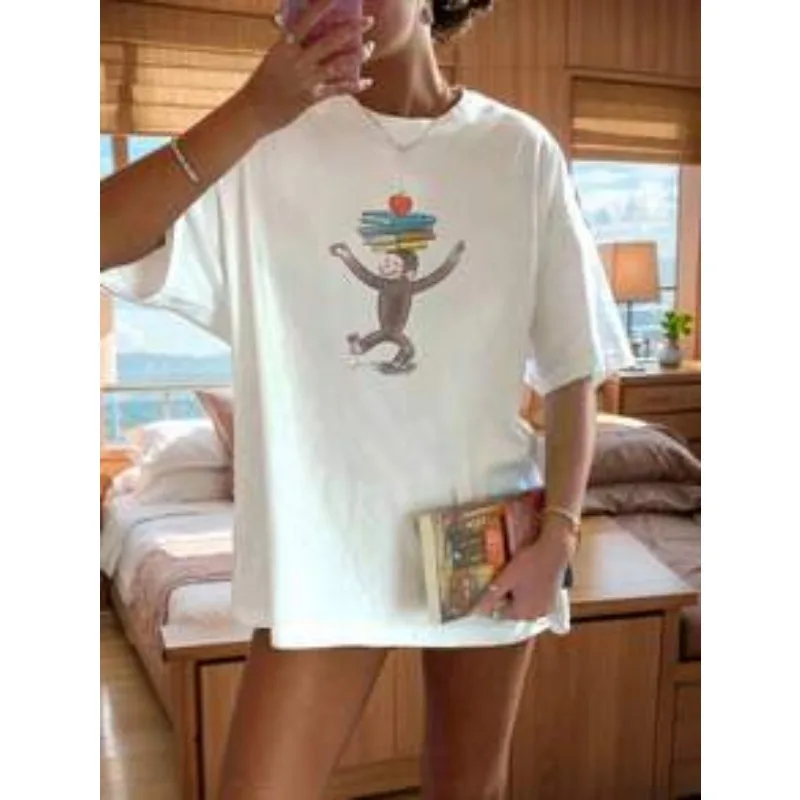 Women's Curious George Holiday Diving Printed T-shirt with Childhood Fun Style and Cute Anti Aging Cartoon Top