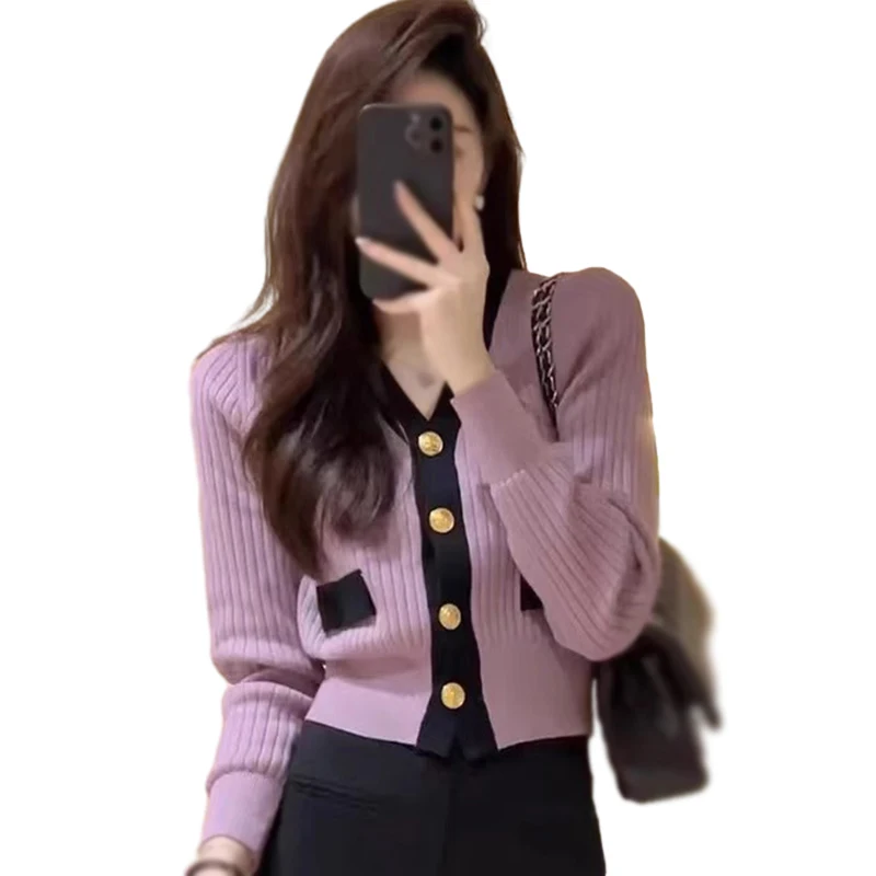 Women V-neck Knitted Cardigan Korean Style Single Breasted Knitted Sweater Spring Autumn Long Sleeve Coat Female Short Cardigan