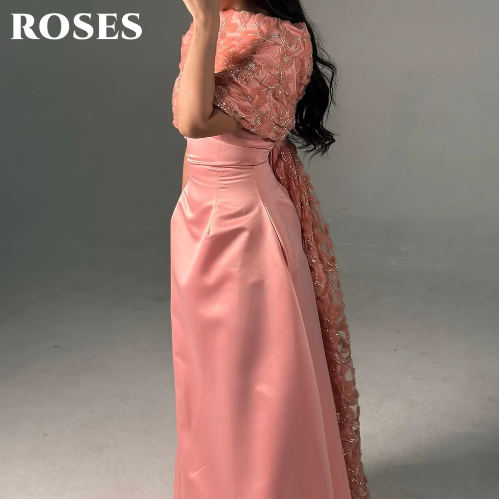 ROSES Pink Prom Dresses with Beaded Embroidered Shawl and Unique Back Knot Evening Dresses Chic High-Waisted Train Customized