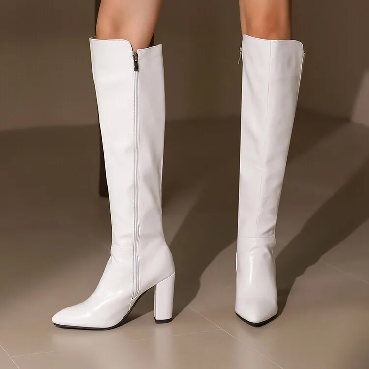 

2025 Big Size 34-46 Pointed Toe Knee High Boots Side Zipper With Thick Heel
