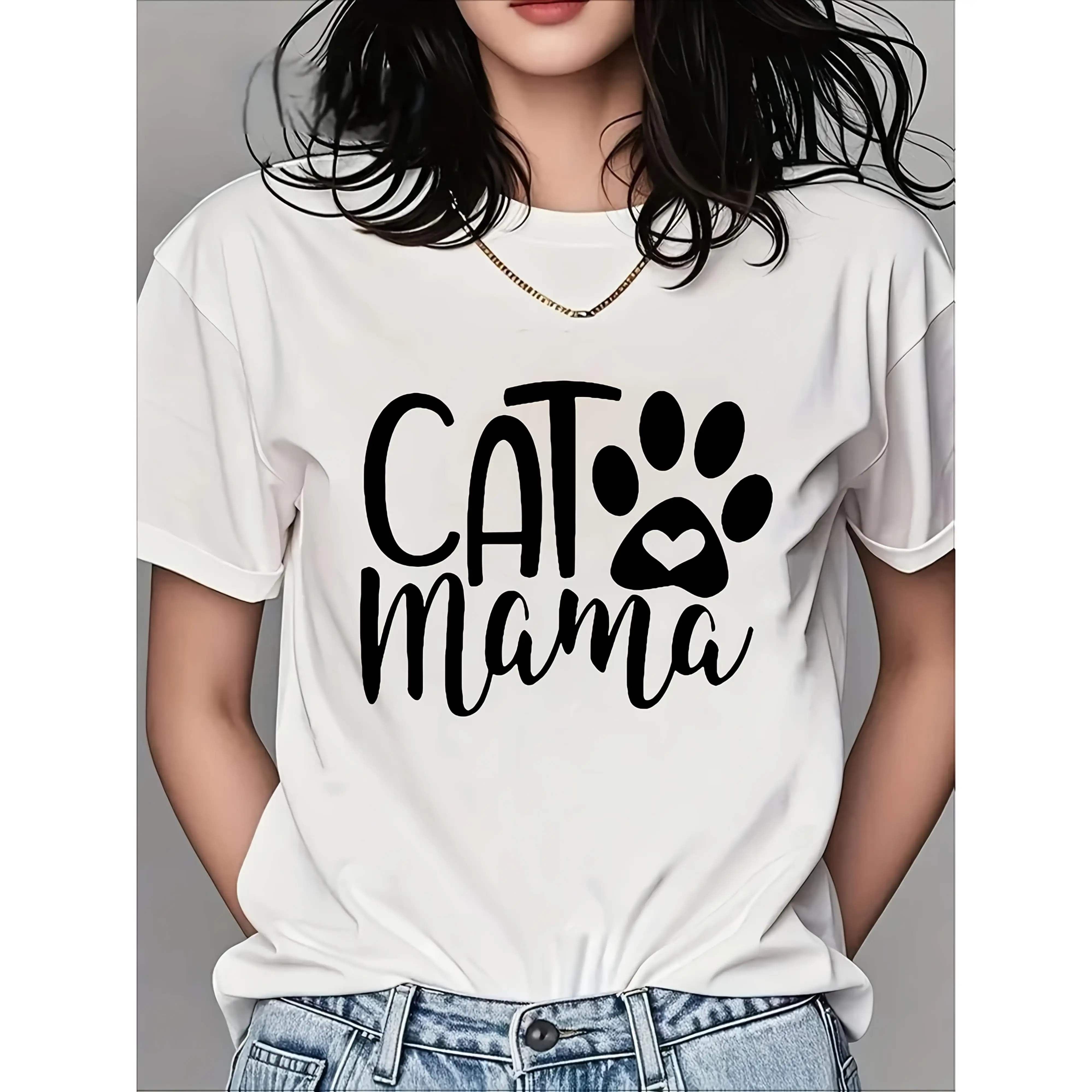 

Women's Cat Mama T-Shirt | Paw Print Heart Pet Lover Graphic Tee | Mother's Day Cat Mom Gift Casual Top