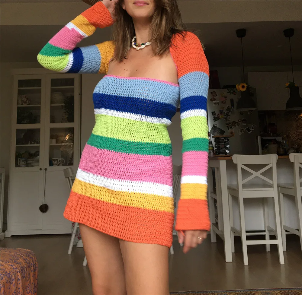 

Women Colorful Stripe Beach Dress Long Sleeve Square Neck Mini Dresses Lady Fashion Knit Crochet Swimwears Beachwear Cover-Ups