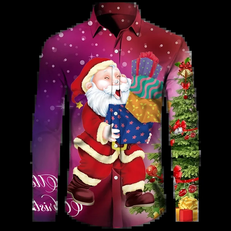 New Year Christmas Theme Santa Claus Shiny 3D Printed Men\'s Shirts Long Sleeve Blouse Y2k Fashion Holiday Party Tops Clothing