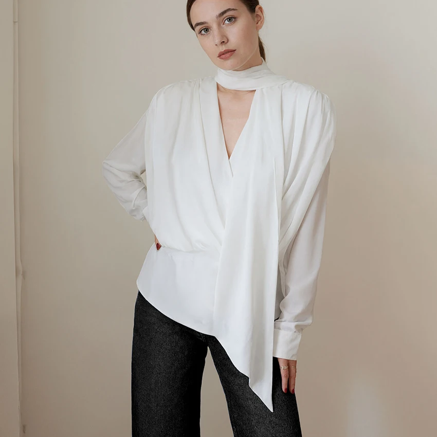 

Linad Элегантная белая шифоновая блузка со рюшами, женская осенняя уличная шикарная рубашка с шарфом и воротником, рубашки с длинными рукавами, элегантные однотонные женские топы 2025