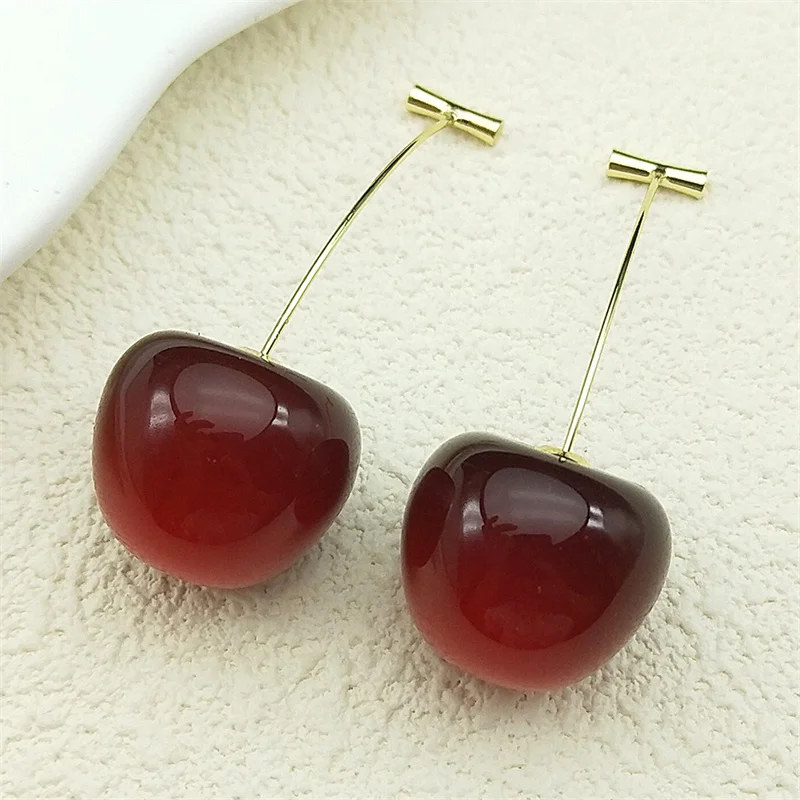 Exquisite Red Cute Cherry Pendant Drop Earrings for Women Girls Sweet Shiny Gold Color Dangle Stud Earring Daily Jewelry Gift