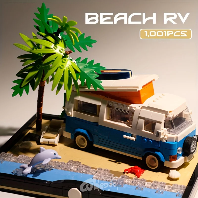 

960pcs Beach Camping RV Building Block Set Adult Holiday Travel Vehicle Miniature Landscape Model Seaside Scene Architect Toy