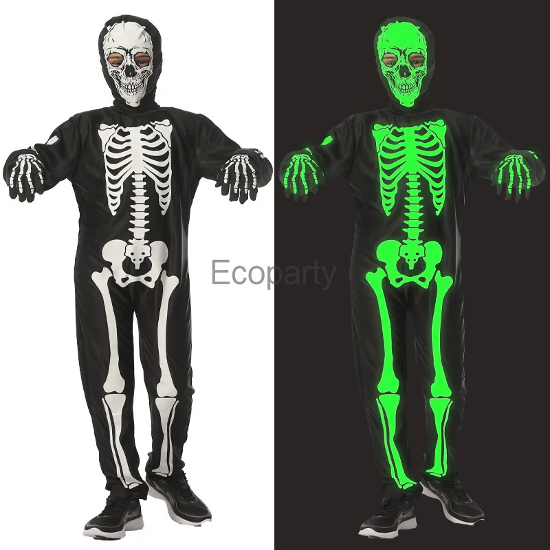 Dzieci fluorescencyjne kombinezony z nadrukiem szkieletu chłopcy dziewczęta duch Zombie przebranie na karnawał dzieci Halloween karnawał element ubioru