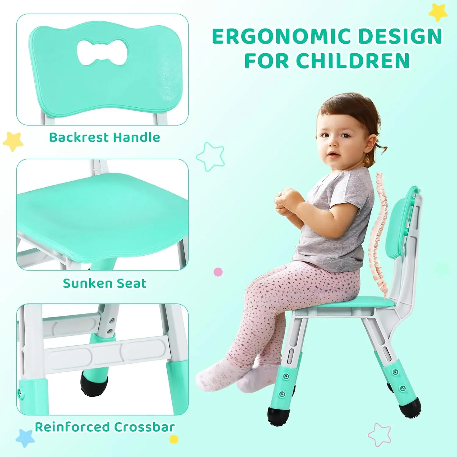 Conjunto de mesa graffiti ajustável infantil e 6 cadeiras, verde claro, para idades de 3 a 12 anos