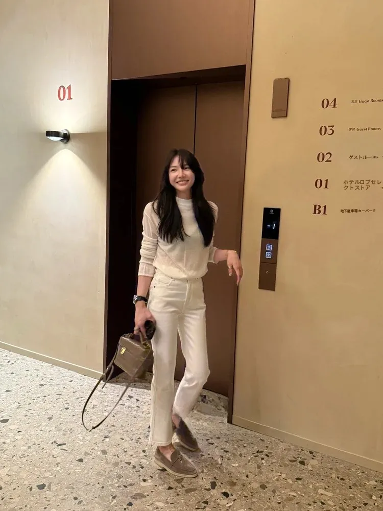 Korean Style High Waist Straight Leg Casual Jeans Women's White Slimming Nine Point Casual Pants Simple Elegant Versatile