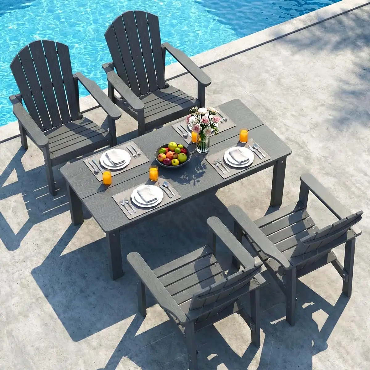 5 Piece All Weather HDPE Adirondack Chair Set 4 Stackable Chairs Coffee   Wood Grain Finish for Patio Garden Backyard Poolsi