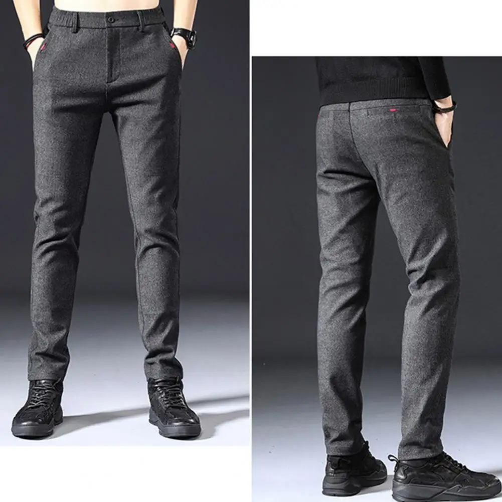 

Men Daily Trousers Men Straight Pants Stylish Mid-aged Men's Straight Fit Pants with Elastic Waist Soft Pockets for Comfort