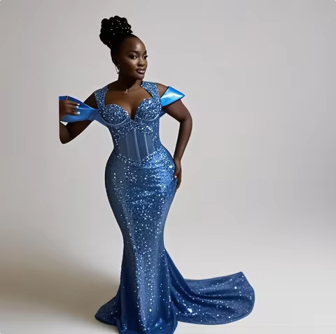 Light Sky Blue Mermaid Prom Dress Shining Lace Beaded Aso Ebi Off The Shoulder Evening Gowns Women Formal Occasion Party Dress