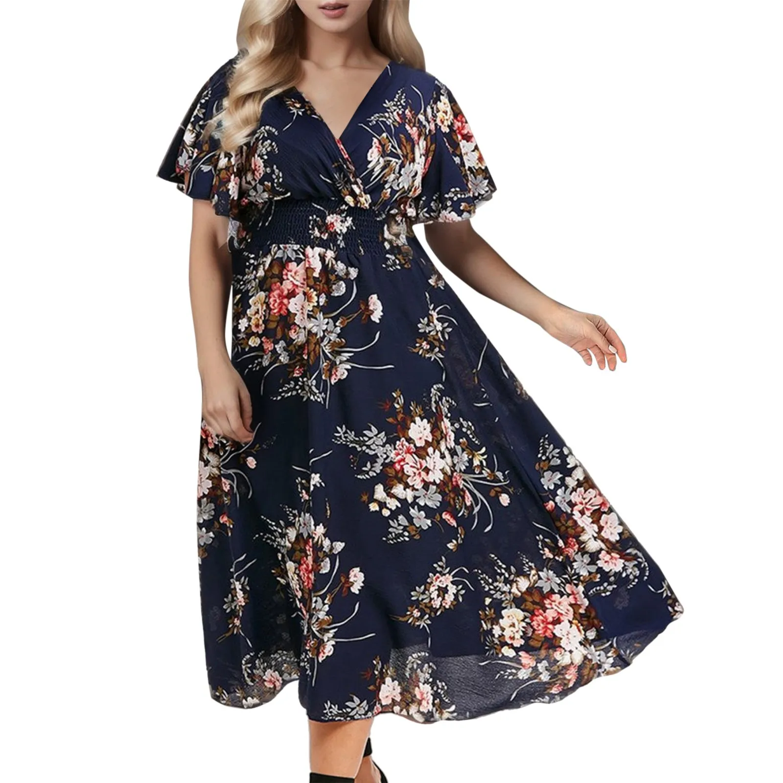 Vrouwen Jurk Mouw Maxi Lange Jurk V-Hals Print Bloemen Korte Mode Maat Casual Jurk Prom Graduation Robe Vestido Casual