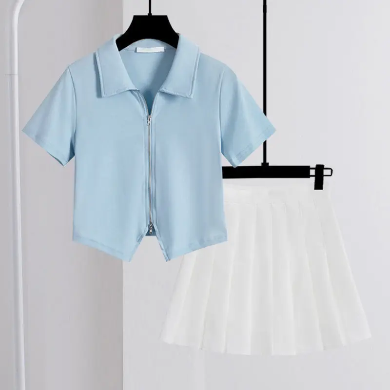 Summer fashion polo collar design with double zipper T-shirt slim fit short sleeved top and pleated skirt two-piece set