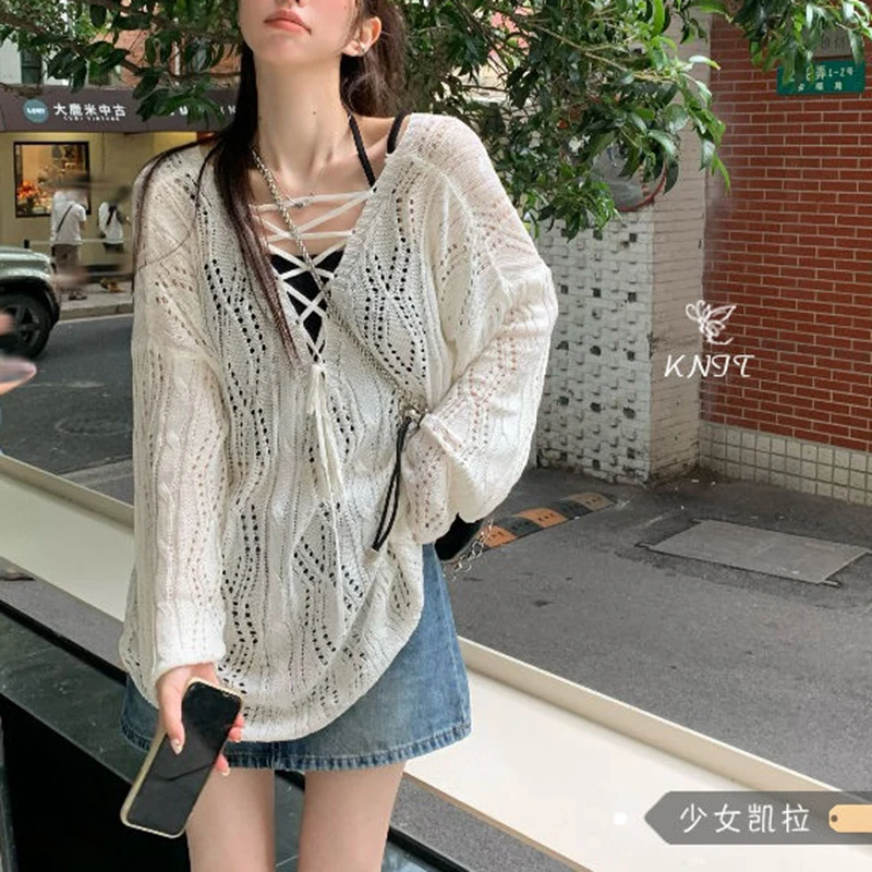 

Summer Hollow Out Strap Long Sleeve Women V Neck T Shirt White Fashion Sweet Cute Harajuku Oversized Knitted Clothing Daily Tops