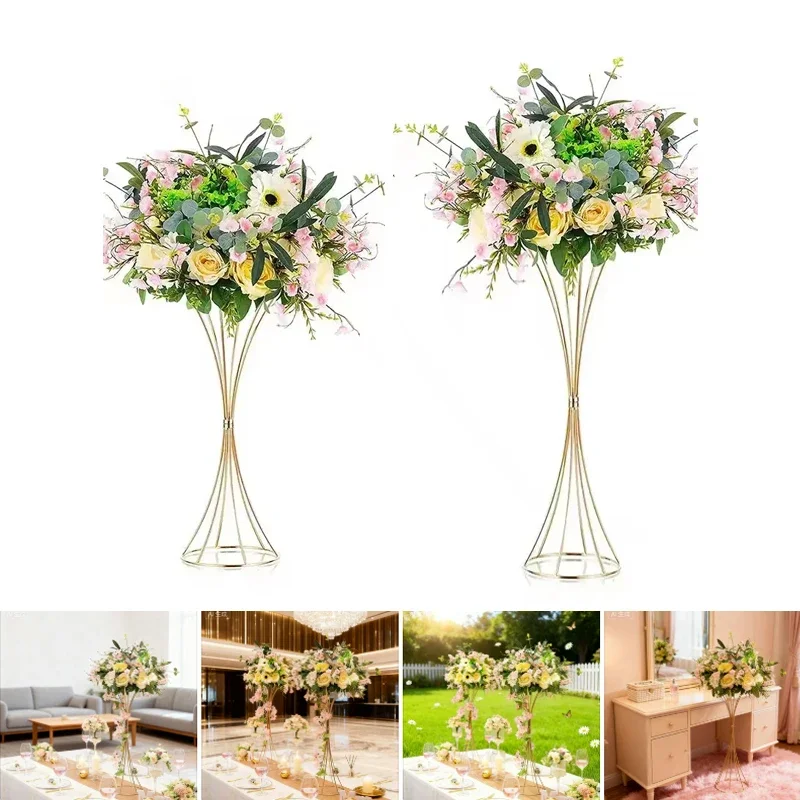 Luxury Gold Iron Flower Vases Wedding Stands Slender Waist Design for Aisle Arrangement Party Decoration Table Centerpieces