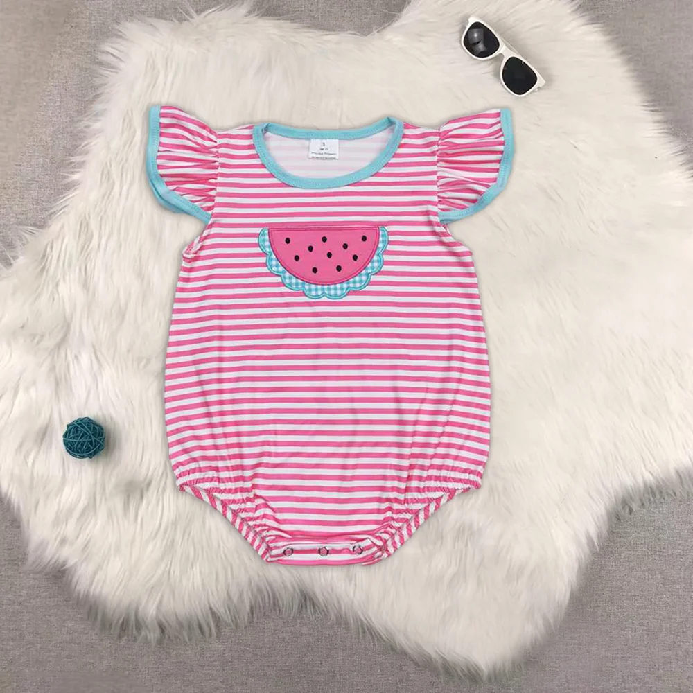 

Baby Girls Pink Stripes Watermelon Flutter Sleeve Rompers