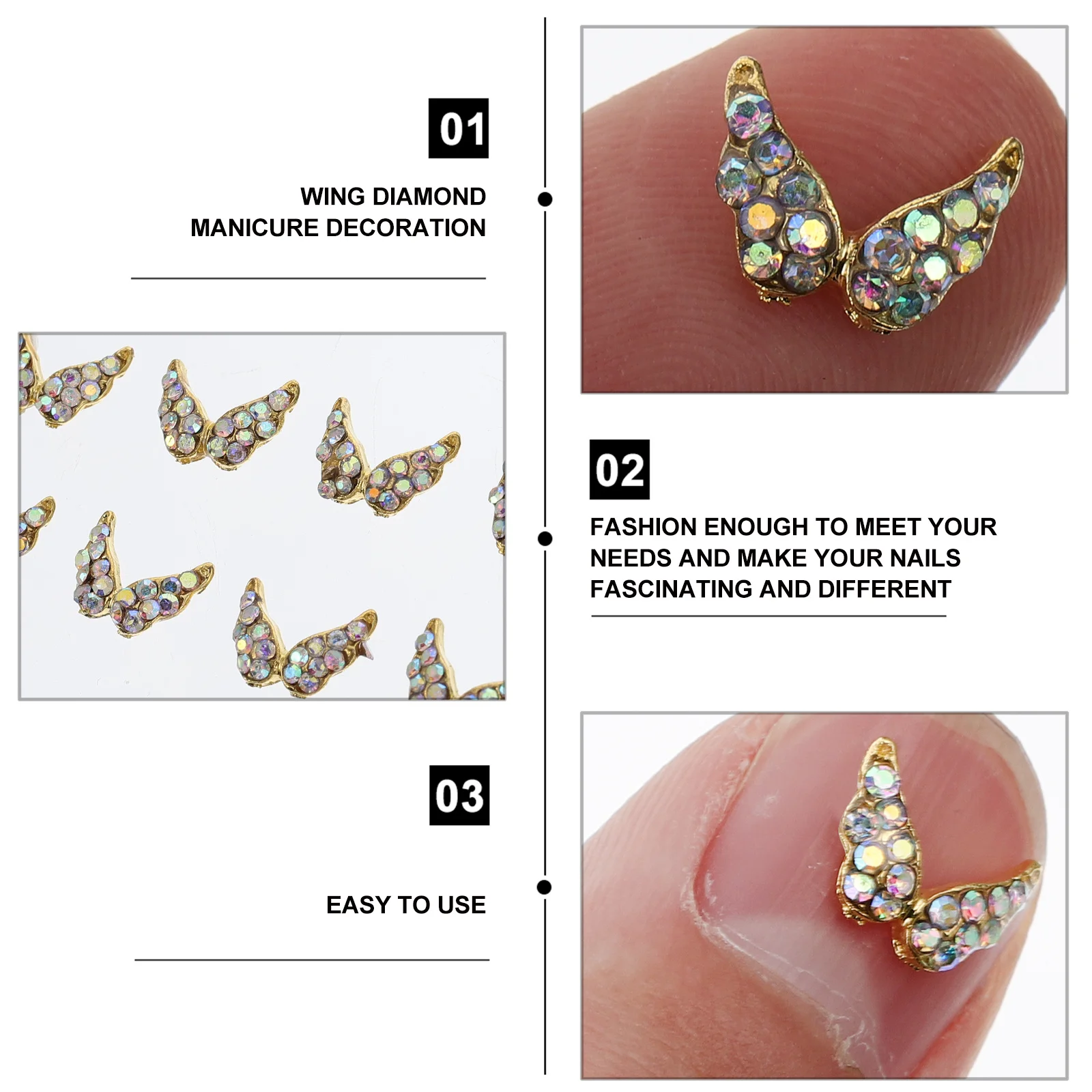 20Pcs Shiny Wing Nail Stickers 3D Decals for Creative Nail Designs Beauty Salon Accessories Wing Rhinestone Manicure Charm
