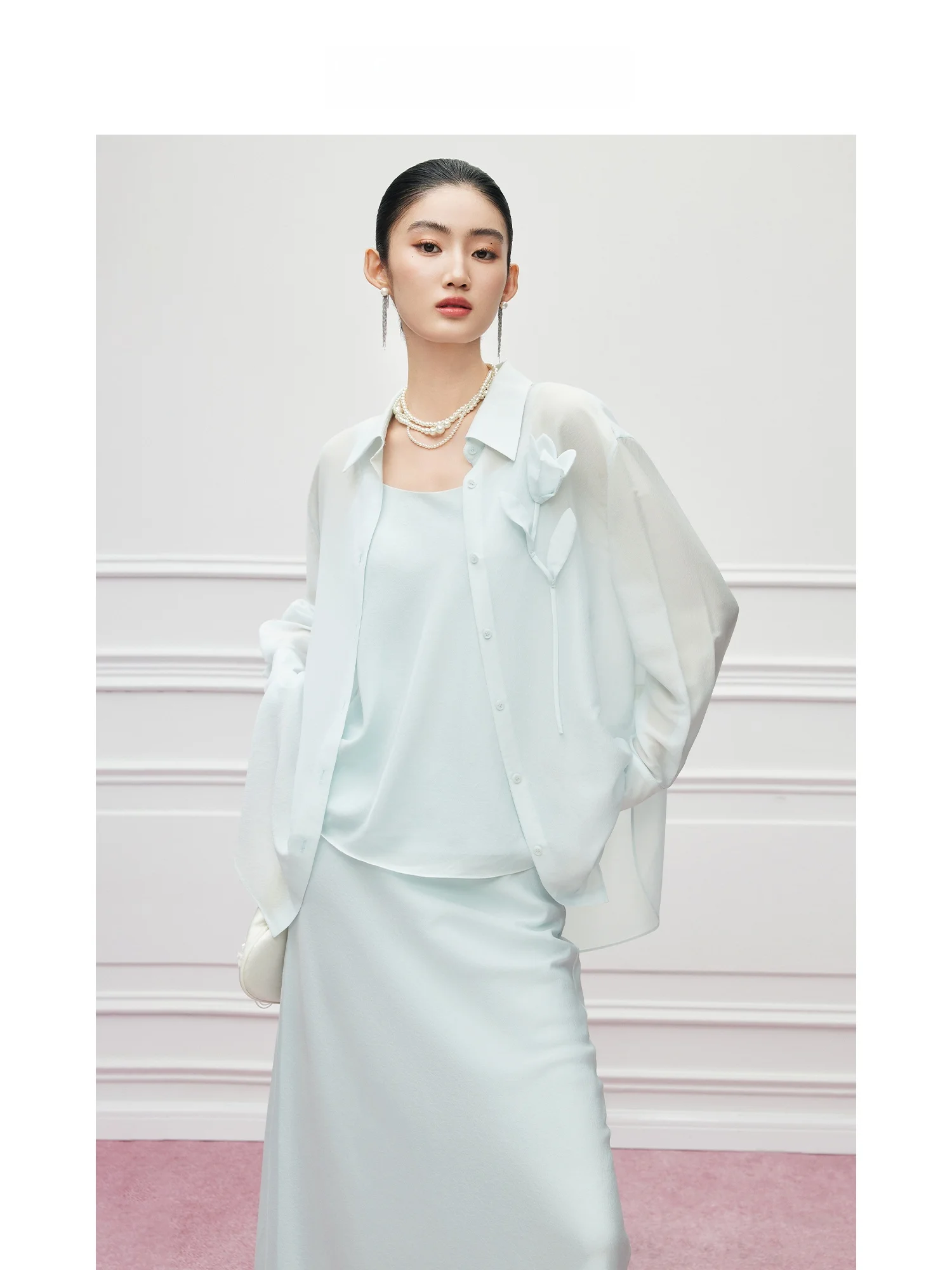 

MandyZhang Tulip High-End Silk Acetate irt Women's Collar Sun Protection Top Ele Loose Fit Long Sve UV Protection