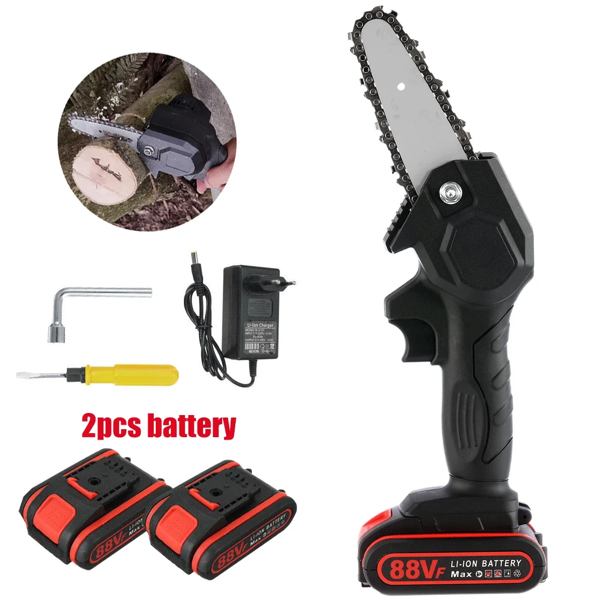 1080W 4 Inch Mini Electric Chain Saw Wood Cutter 88V Chainsaw Woodworking Pruning Garden Power Tool Rechargeable With Battery