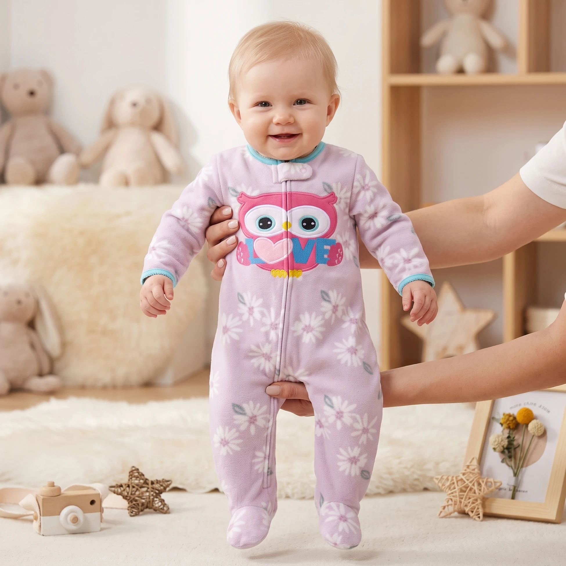 Baby-Mädchen-Strampler aus Polar-Fleece mit Füßlingen, mit Umweltfreundlichem Druck, Niedlicher Cartoon-Eule & Einhorn-Stickerei, Reißverschluss-Strampler, Herbst-Winter-Warme Babykleidung – Detail 5