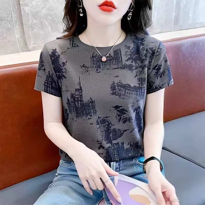 High-End Korean Goods T-Shirt Guangdong Guangzhou Thirteenth Factory Women's Summer Casual Style Cotton Short Sleeve Crew Nec...