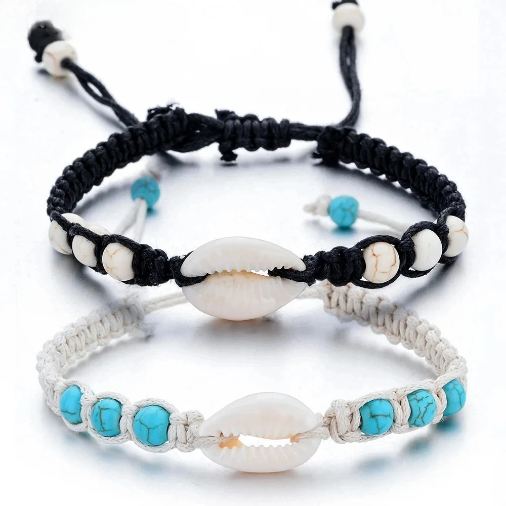 Pulsera tejida de concha de estrella de mar de verano, cuerda de cera ajustable Unisex, tobillera con cuentas turquesas, pulsera para mujeres y hombres, joyería de playa Bohemia