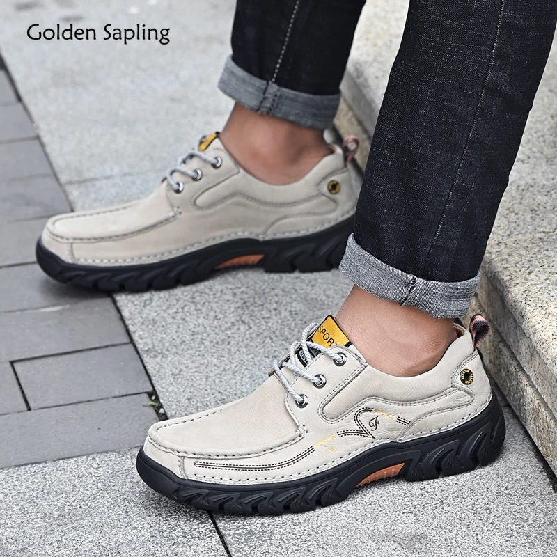

Golden Sapling Outdoor Men's Casual Shoes Genuine Leather Loafers Trekking Moccasins Leisure Flats Retro Platform Men Work Shoes