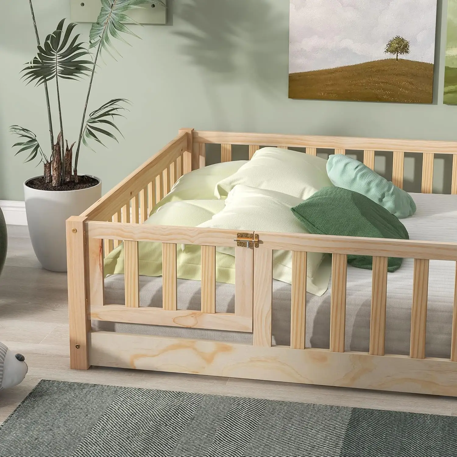 Estrutura de cama de chão de tamanho completo com cerca de segurança e porta, cama de chão montessori de madeira com suporte de ripas, estrutura de cama montessori f