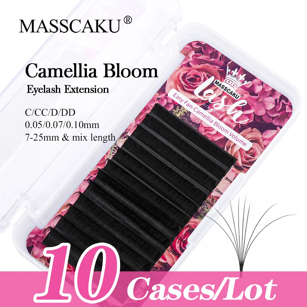 MASSCAKU 10cases/lot Self Flowering False Eyelash Extension 0.05 0.07 0.10mm Russia Volume Easy Blooming Lash Makeup Tools